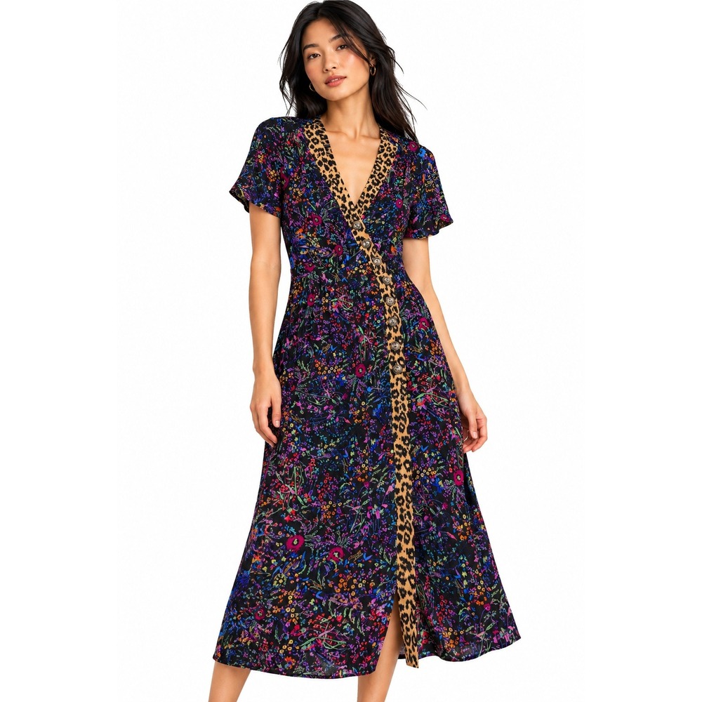 Maeve Anthropologie Floral Leopard Print Button Front Midi Dress Size 4